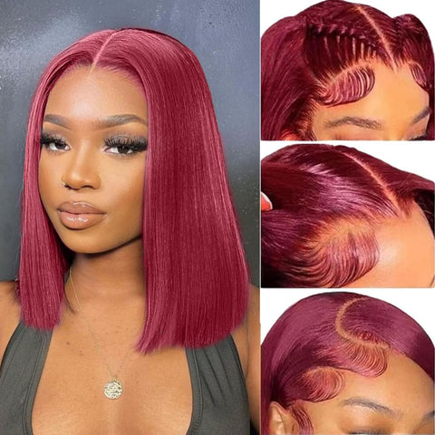 13x4 Burgundy Color 99J Straight Hair Bob Wigs Human Hair - 14A