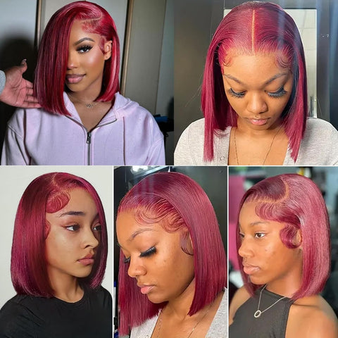 13x4 Burgundy Color 99J Straight Hair Bob Wigs Human Hair - 14A