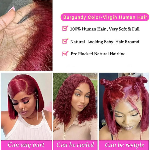 13x4 Burgundy Color 99J Straight Hair Bob Wigs Human Hair - 14A