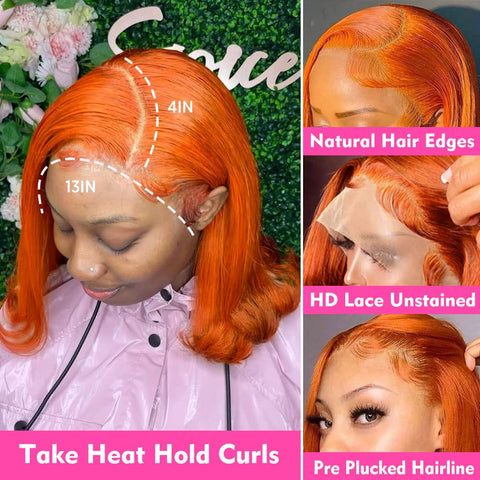 13x4 Ginger Orange Color 350# Straight Hair Bob Wigs Human Hair - 14A