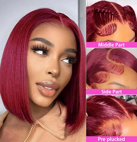 13x4 Burgundy Color 99J Straight Hair Bob Wigs Human Hair - 14A