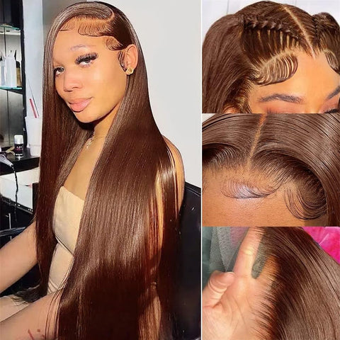 13x4 Brown 4# Straight Hair Wigs Human Hair - 14A