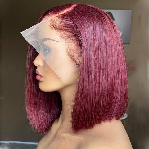 13x4 Burgundy Color 99J Straight Hair Bob Wigs Human Hair - 14A