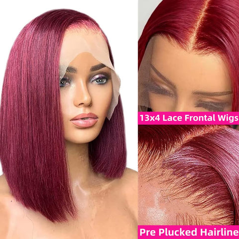 13x4 Burgundy Color 99J Straight Hair Bob Wigs Human Hair - 14A