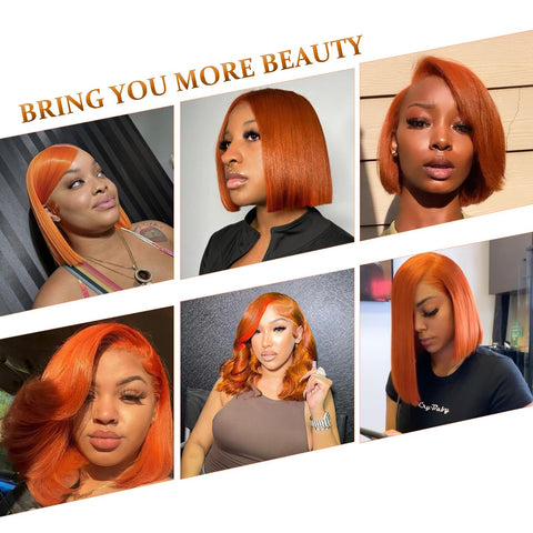 13x4 Ginger Orange Color 350# Straight Hair Bob Wigs Human Hair - 14A