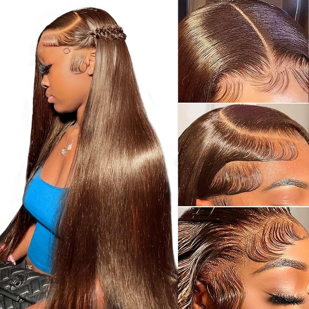 13x4 Brown 4# Straight Hair Wigs Human Hair - 14A
