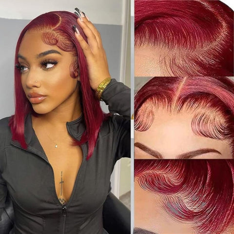 13x4 Burgundy Color 99J Straight Hair Bob Wigs Human Hair - 14A