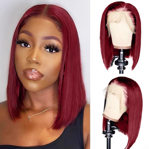 13x4 Burgundy Color 99J Straight Hair Bob Wigs Human Hair - 14A