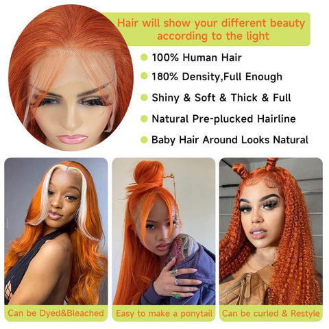 13x4 Ginger Orange 350# Straight Hair Wigs Human Hair - 14A
